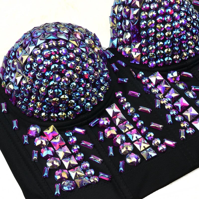 ELLACCI Women's Sexy Rhinestone Bustier Crop Top Club Party Glitter Corset Top Bra Purple Large - Image 5